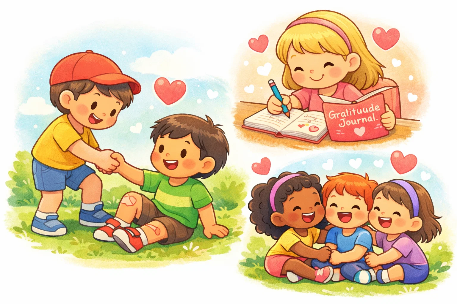 Gratitude and kindness activities for kids showing care and positive emotions.