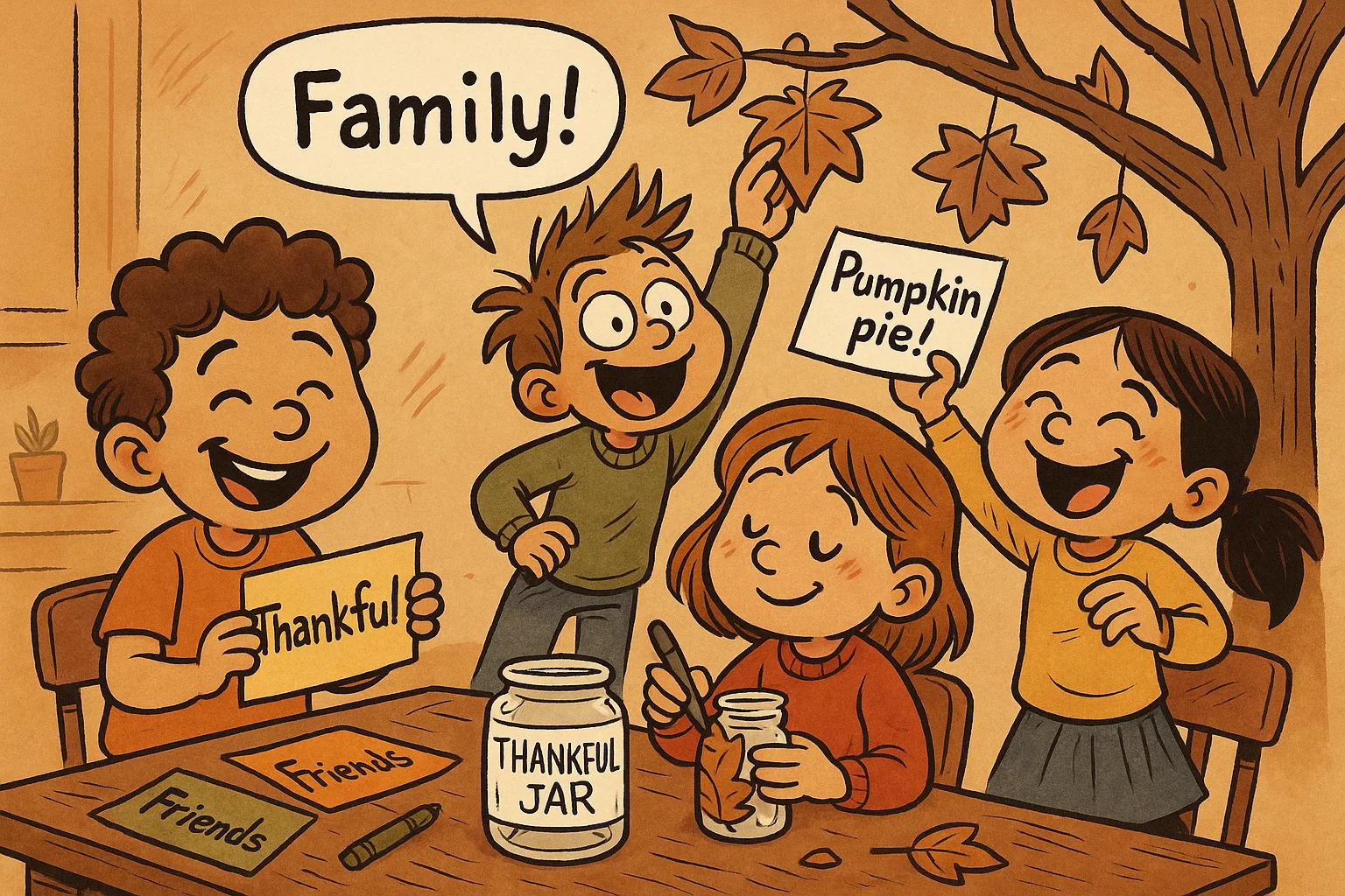  Gratitude Thanksgiving activities for kids cartoon with thankful notes and a gratitude tree.