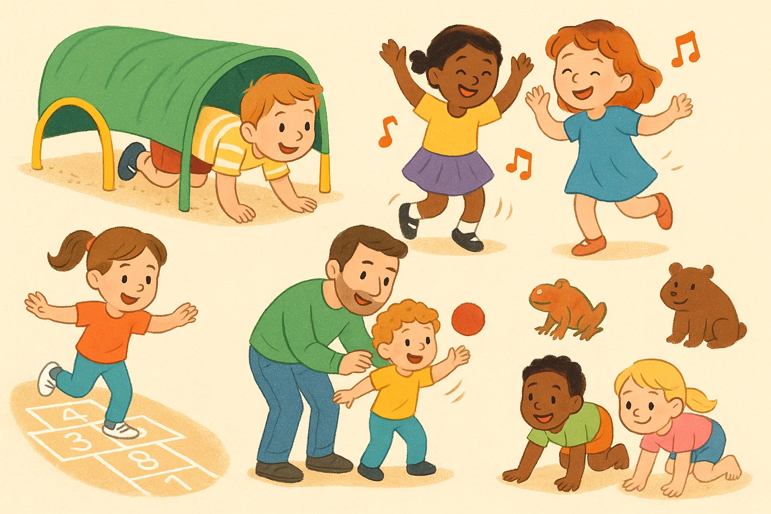 Gross motor activity ideas list with jumping, crawling, and balance games.
