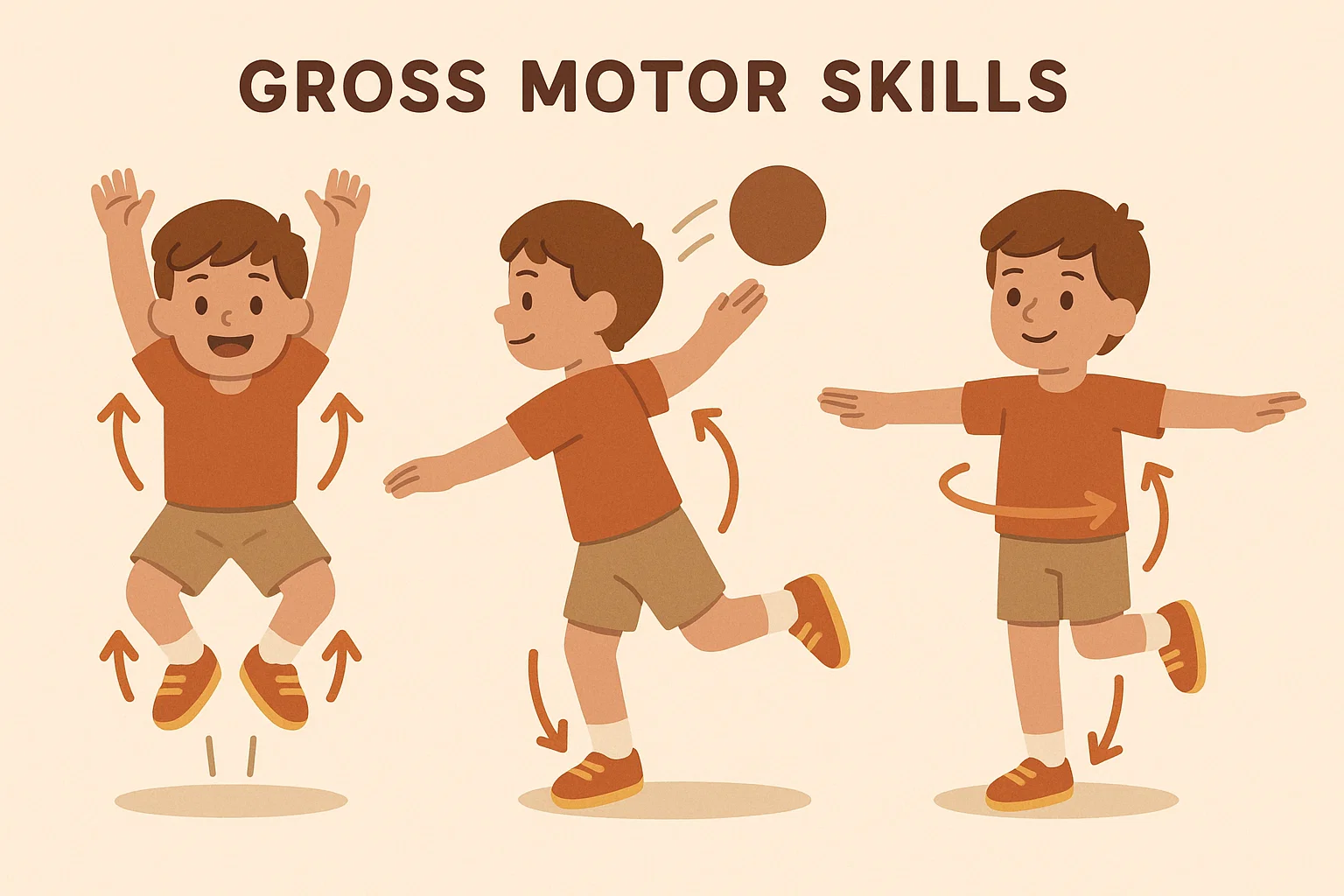 Gross motor skills definition shown through jumping, balancing, and throwing activities.
