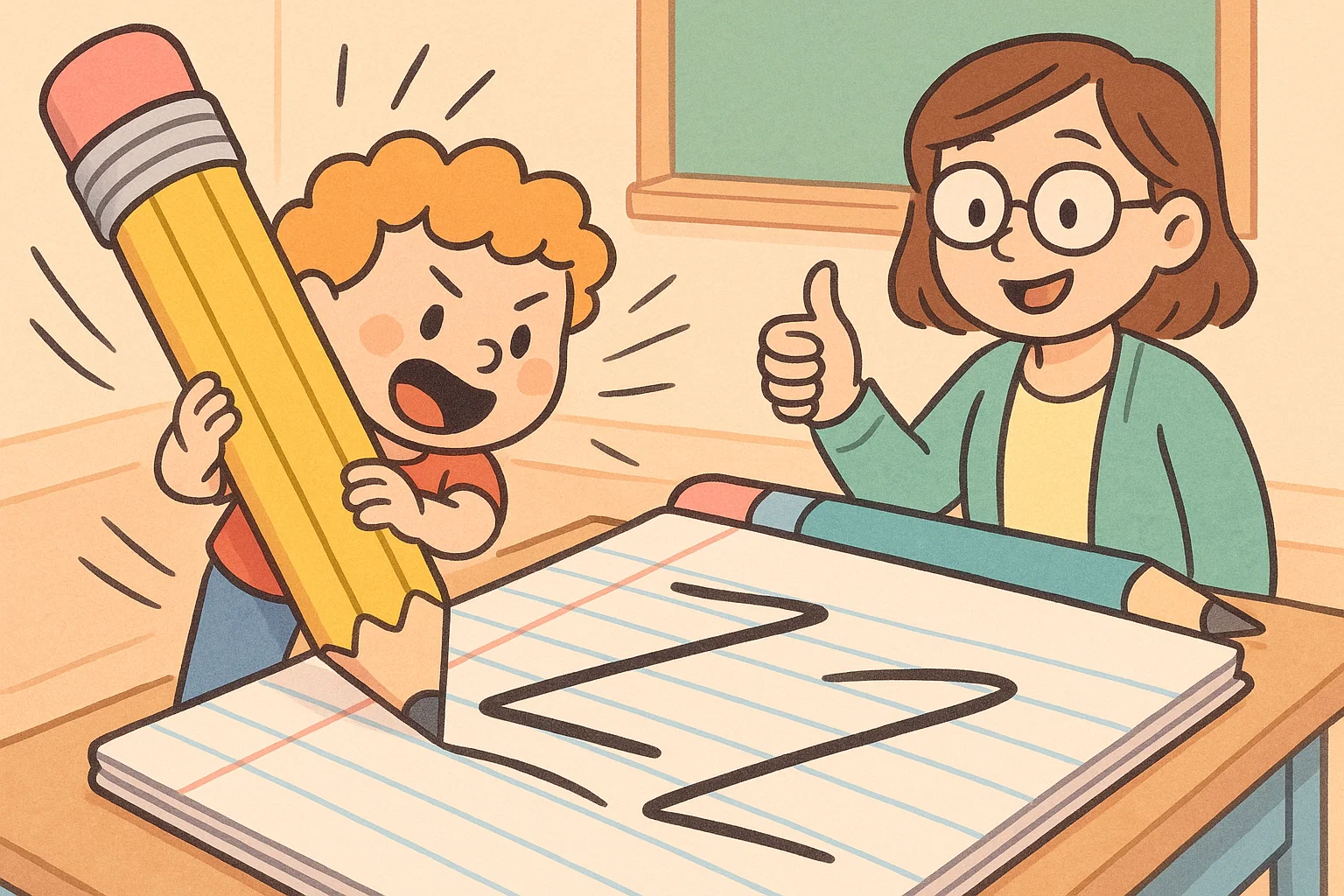 Handwriting age 5 6 practice with child forming letters in a playful classroom.