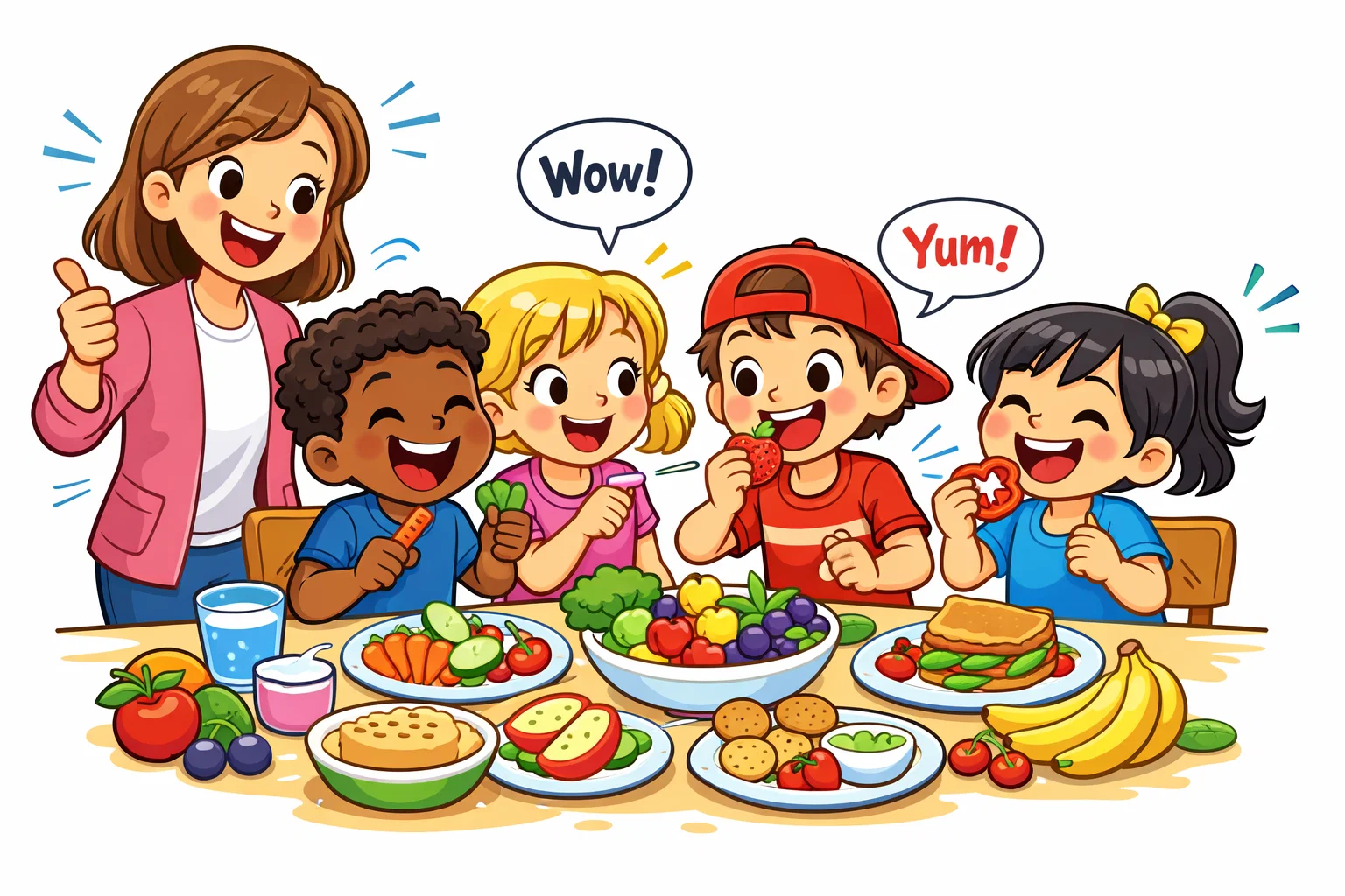 Healthy eating activities for kids with children learning about fruits and vegetables together