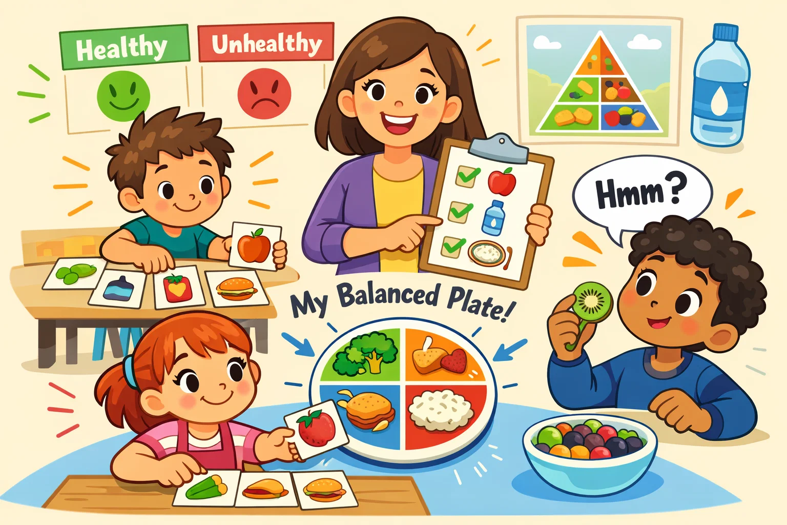 Healthy eating activities overview with kids learning food groups and balanced meals.