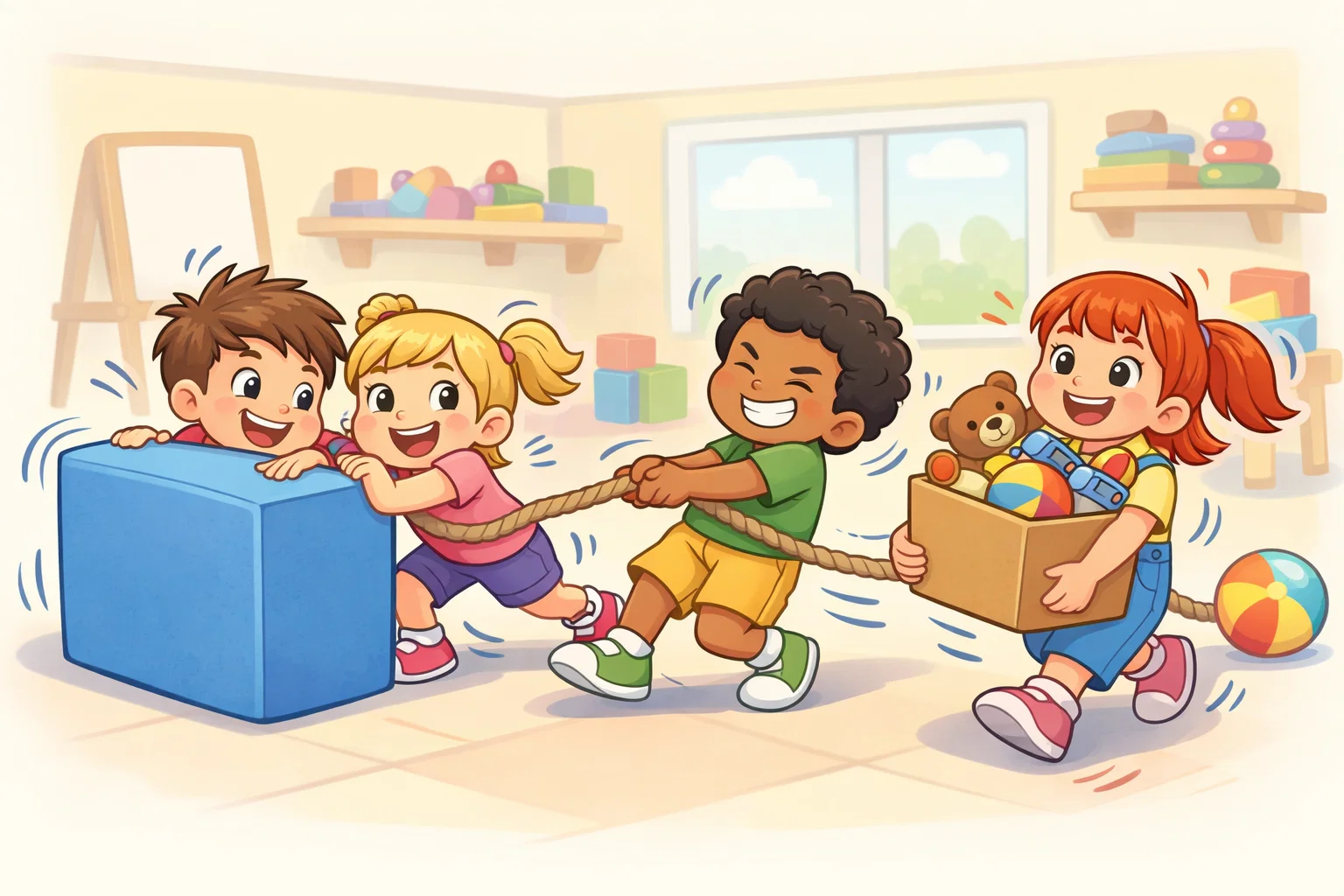 Children doing heavy work activities for kids with pushing pulling and lifting play.