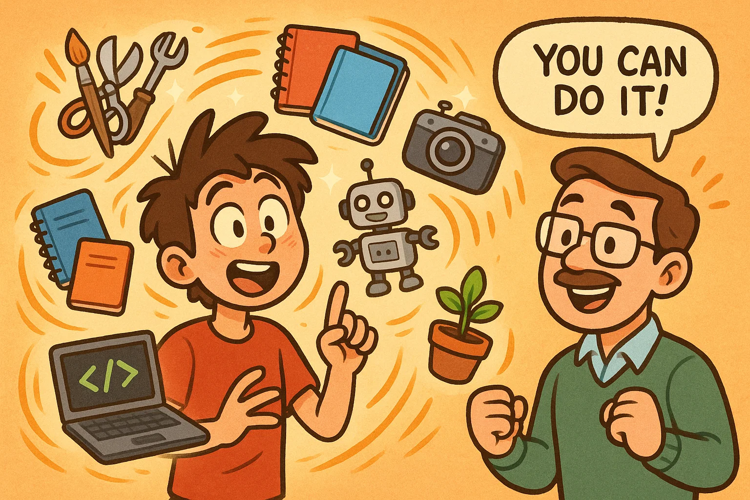 Cartoon scene of help teens find project ideas with creative tools floating around.