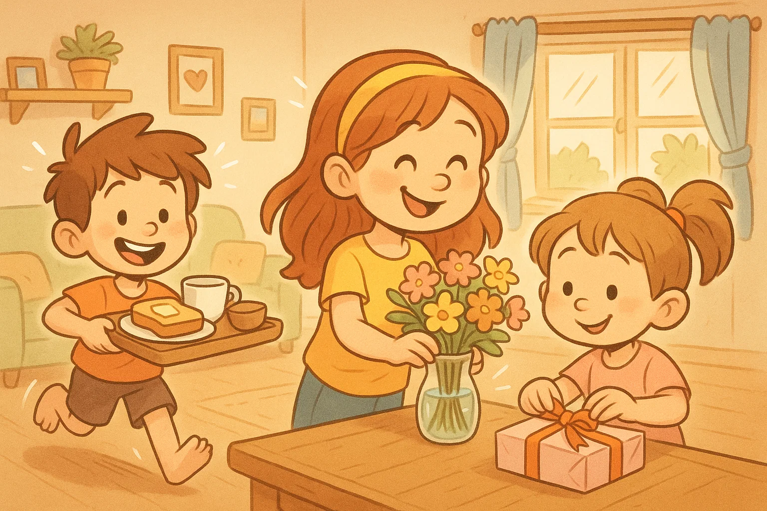 Children doing home activities for mothers day cartoon gifts in a cozy room.