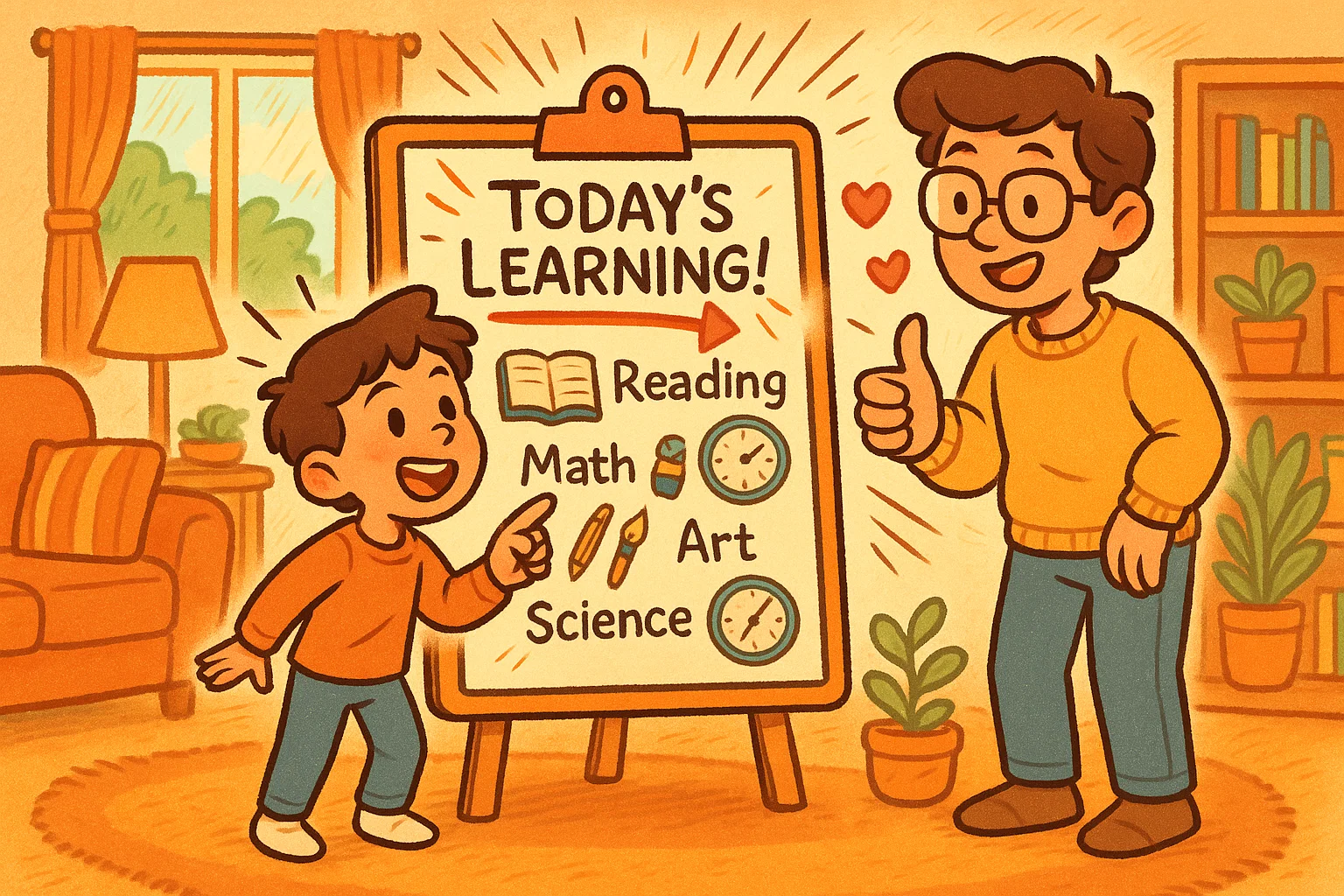 Home learning plan for 9 year olds illustration with child following a daily schedule.