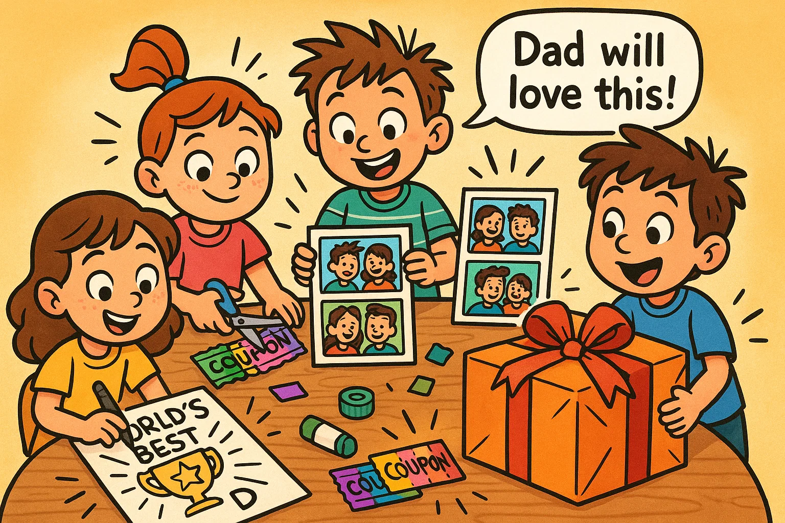 Kids making homemade fathers day gifts in a bright cartoon with creative details.