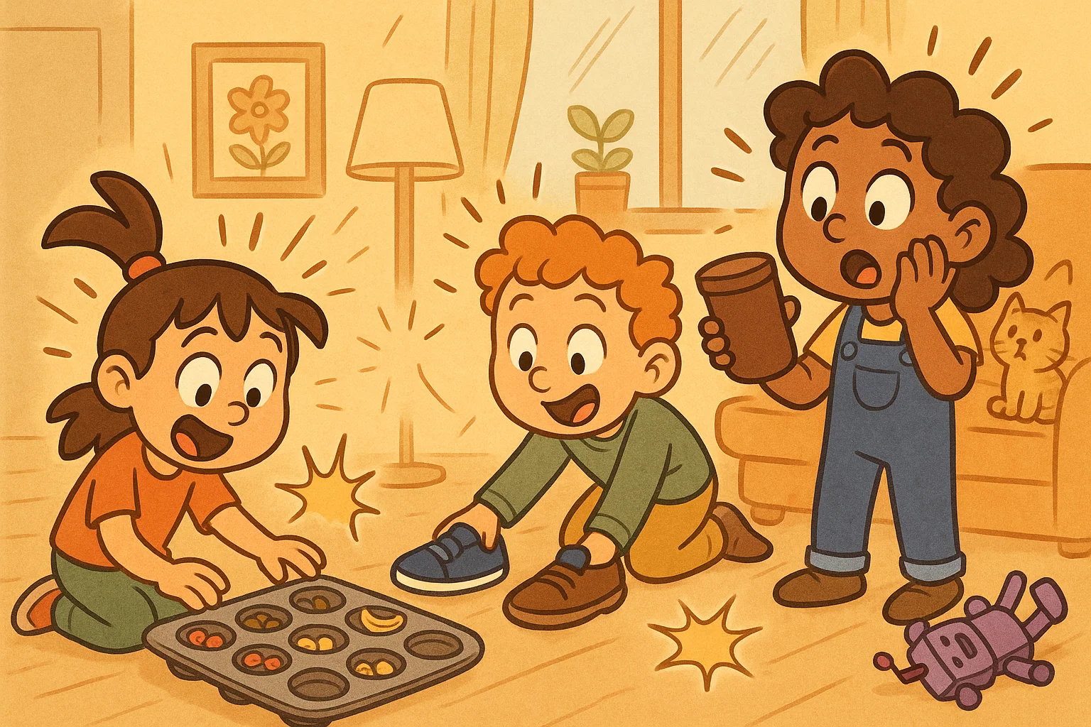 Kids doing household problem solving activities with simple home objects.