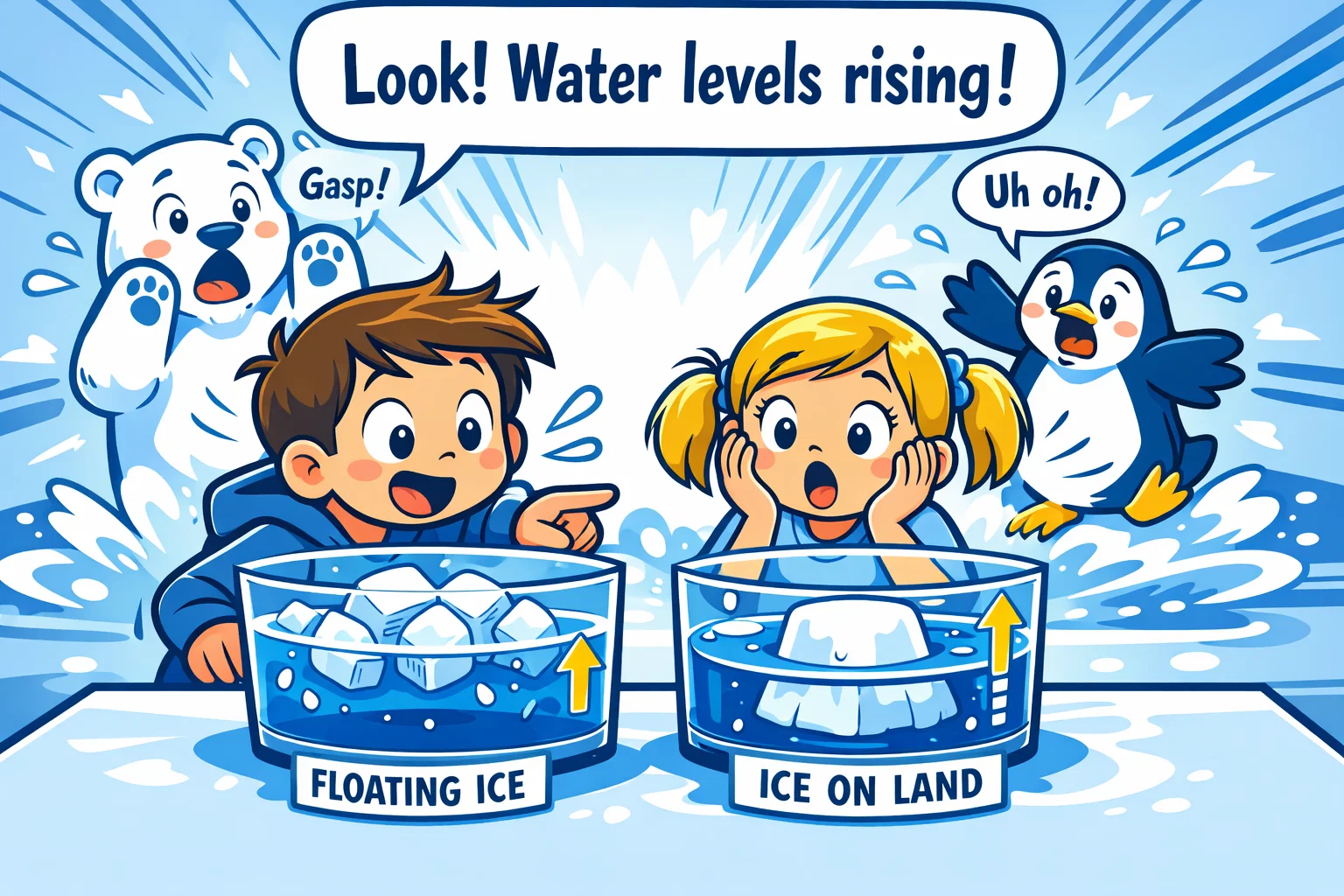 Ice melt sea level activities showing water rise in kid friendly experiment.