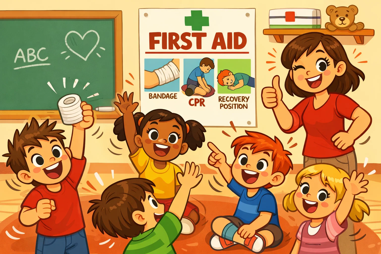 Importance of first aid skills for children practicing safety and teamwork in class.