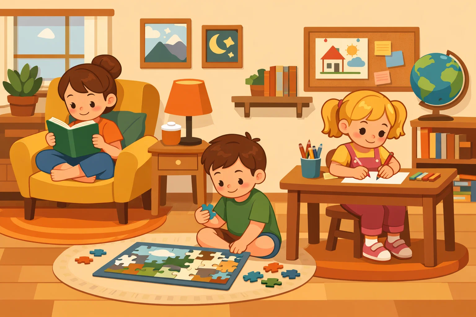 Independent educational activities at home with kids learning on their own.
