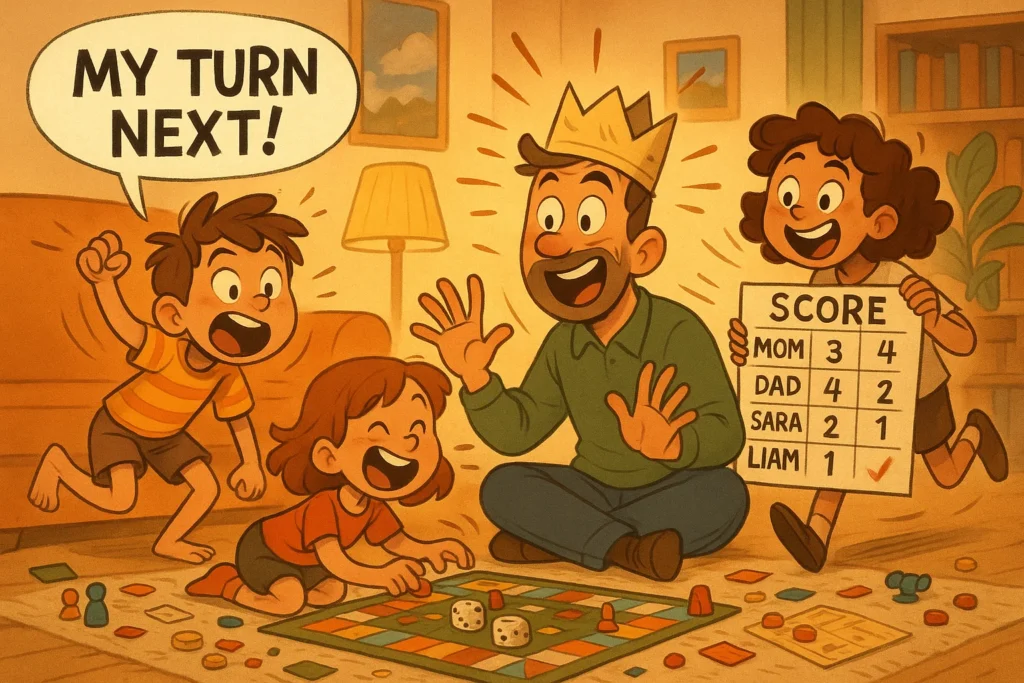 Kids leading indoor family fun in a cheerful cartoon for fathers day.