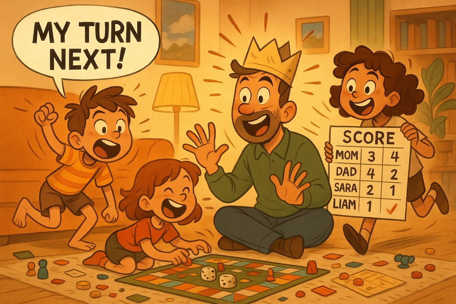 Kids leading indoor family fun in a cheerful cartoon for fathers day.