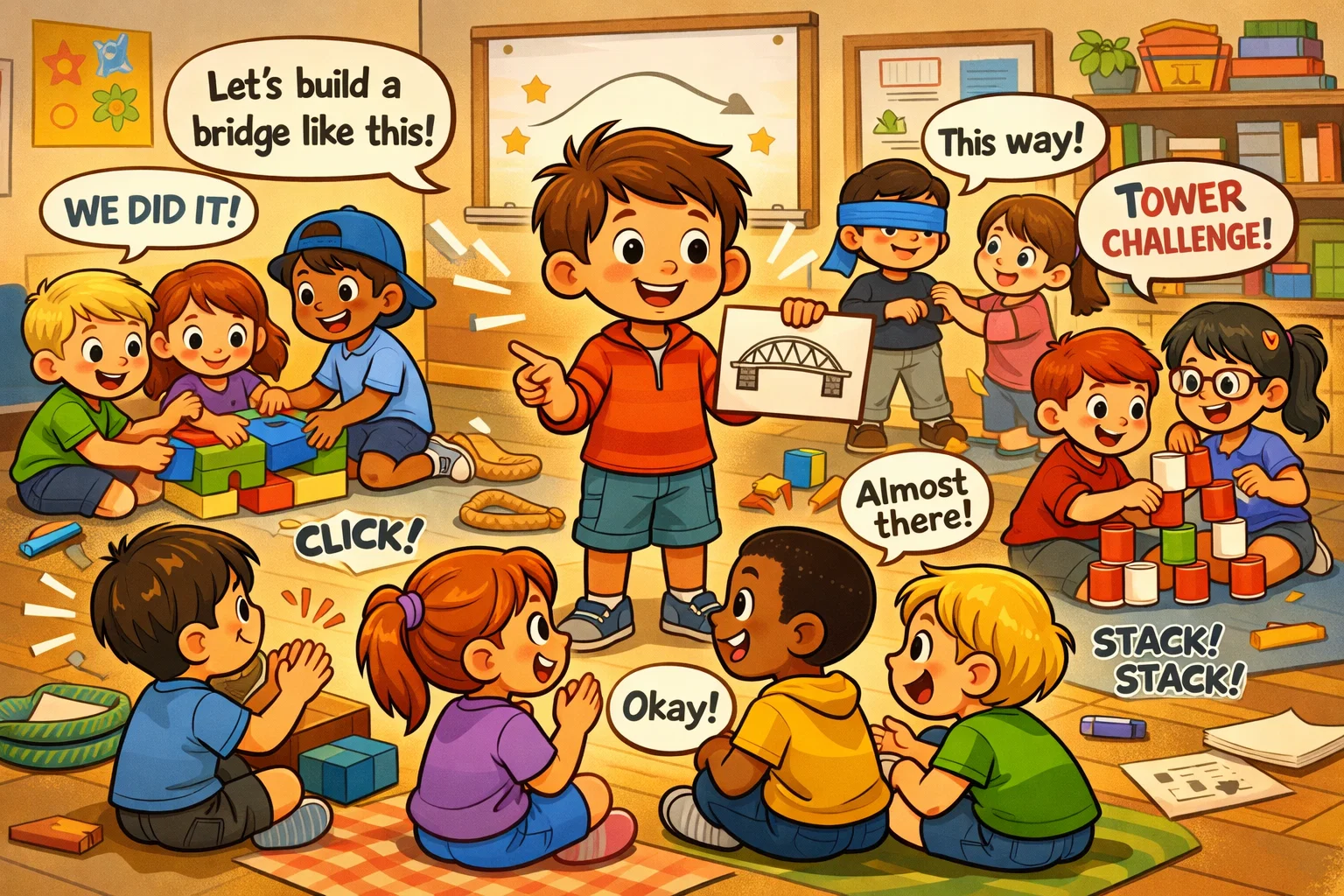 Indoor leadership activities for kids working together inside a classroom.
