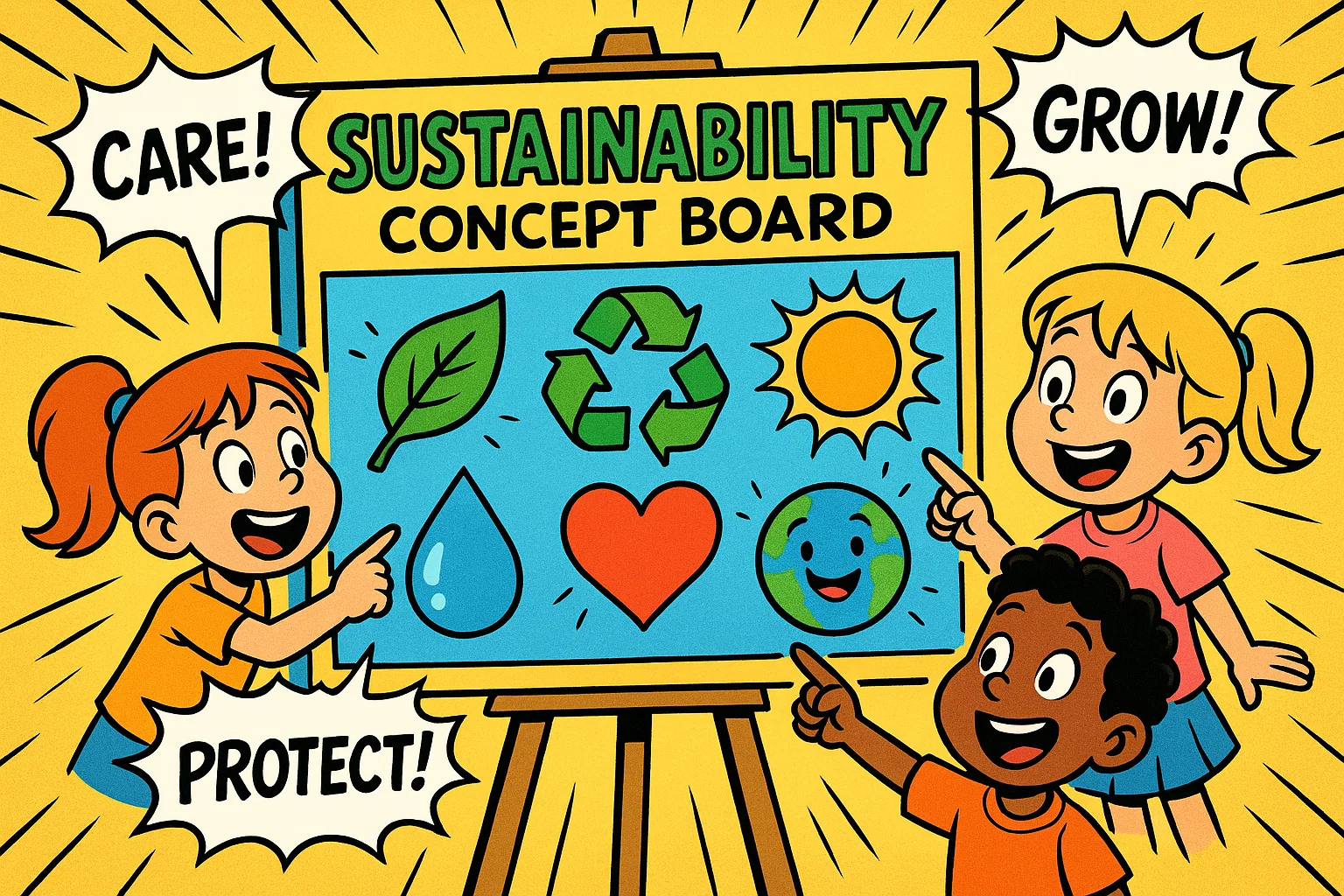 Key concepts sustainable minds board with kids exploring eco principles in cartoon style.
