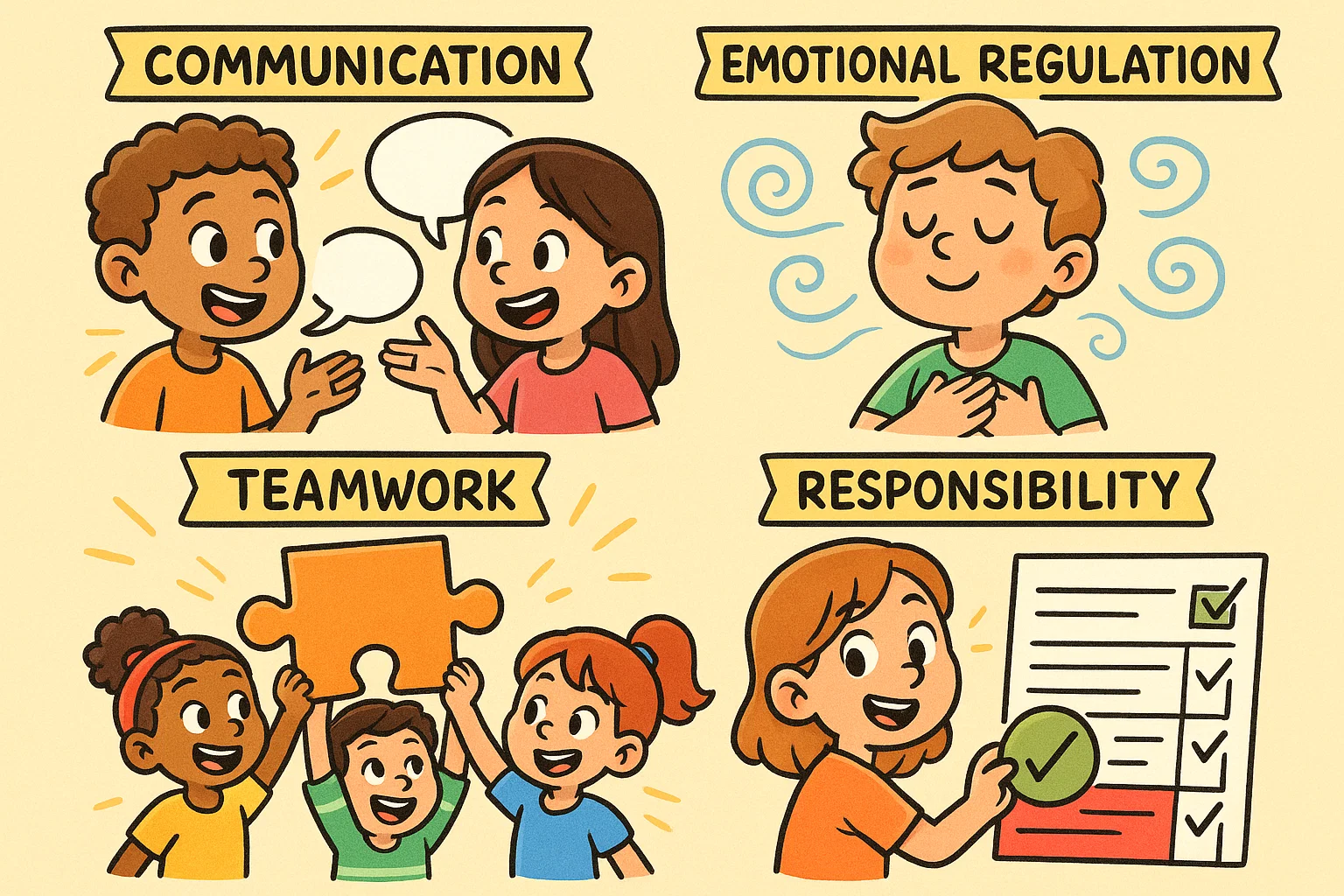 Key life skills shown through fun activities in a bright cartoon illustration.