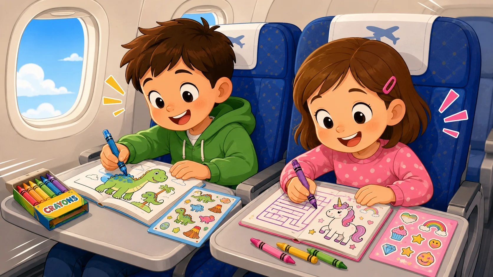 Kids drawing in airplane activity books with colorful crayons and stickers. 
