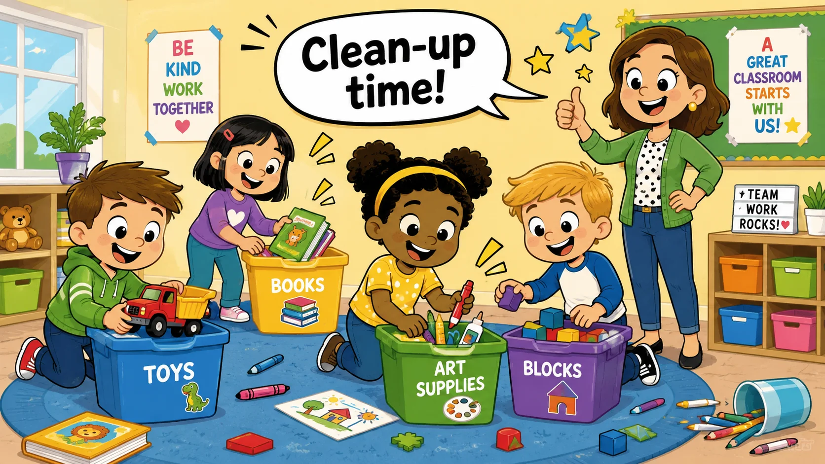 Kids cleaning up classroom during fun life skills activity.