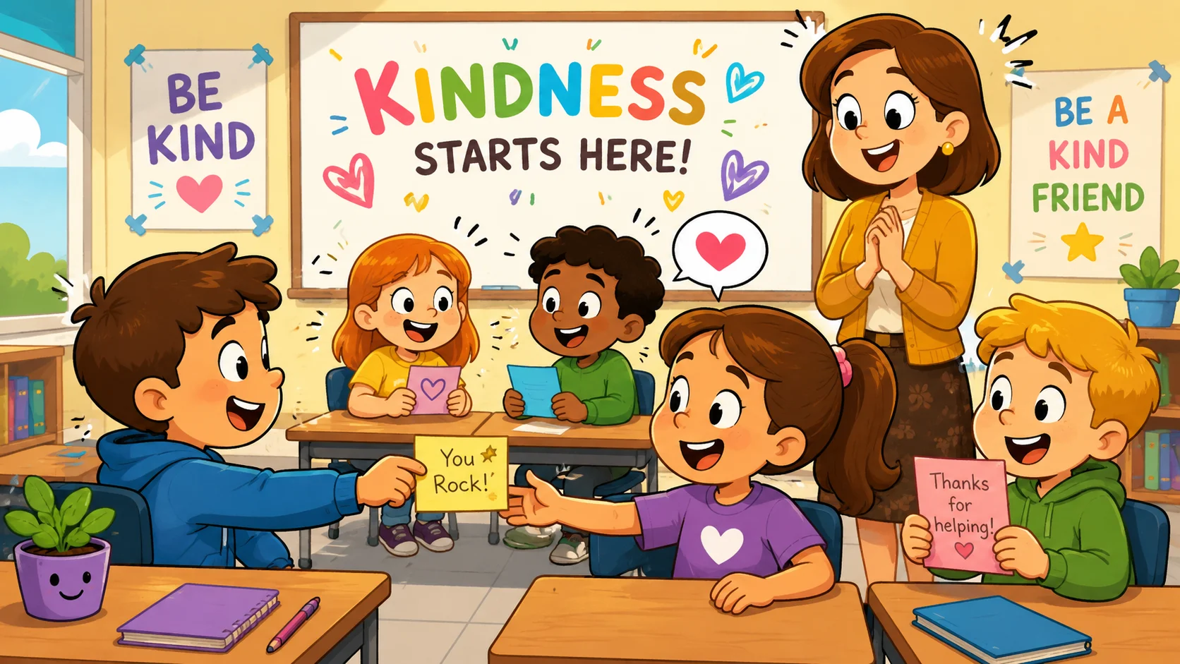 Kids kindness challenge in classroom with students sharing kind notes.