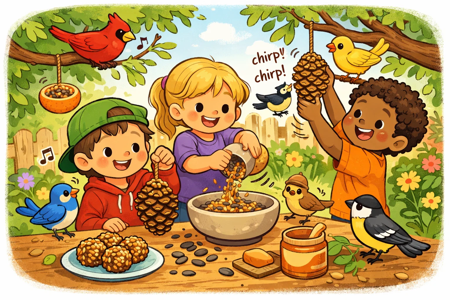 Kids making bird feeders and learning bird care in a safe outdoor setting.
