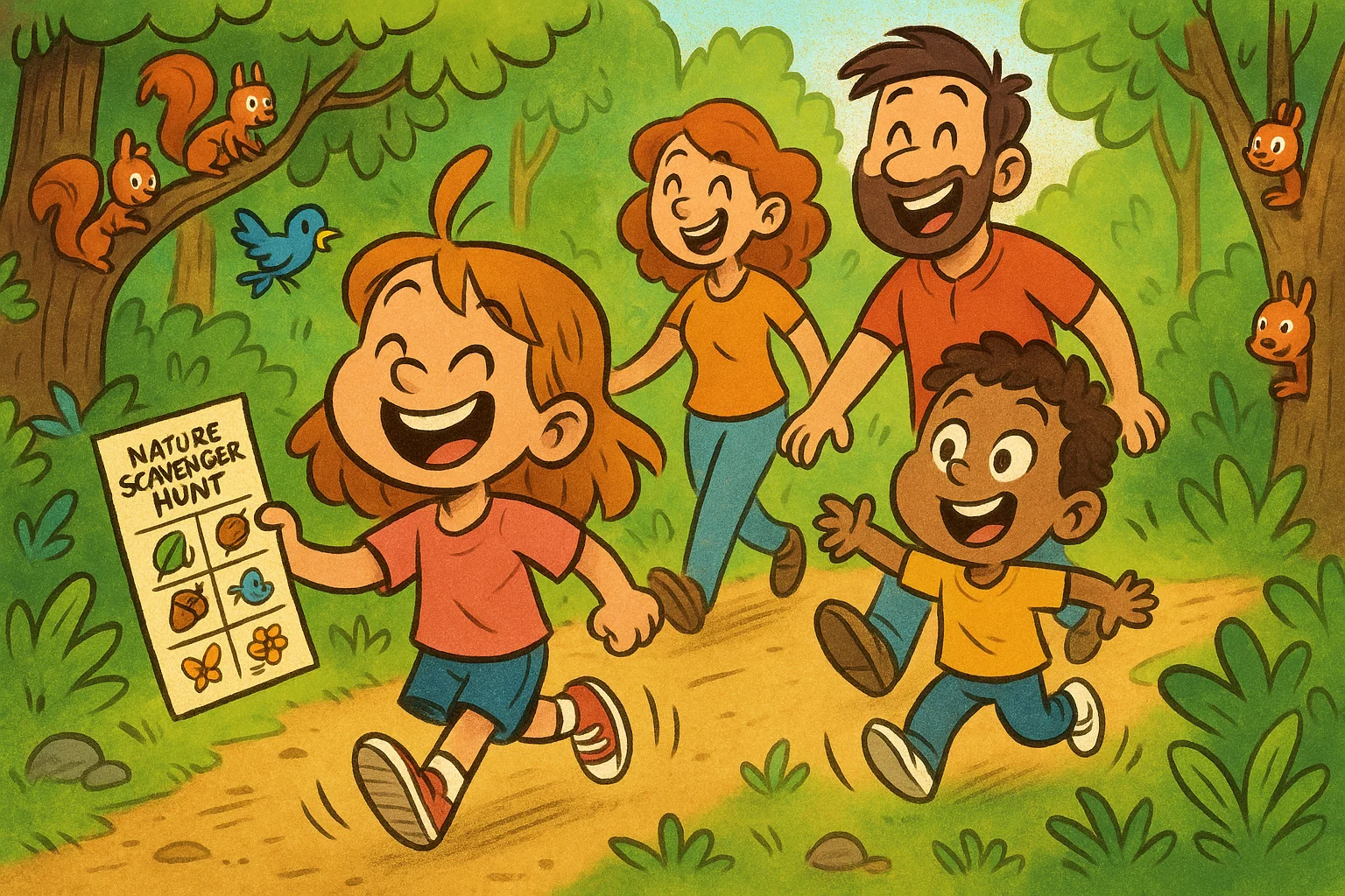 Kids outdoor adventures walks cartoon with children exploring nature trails.
