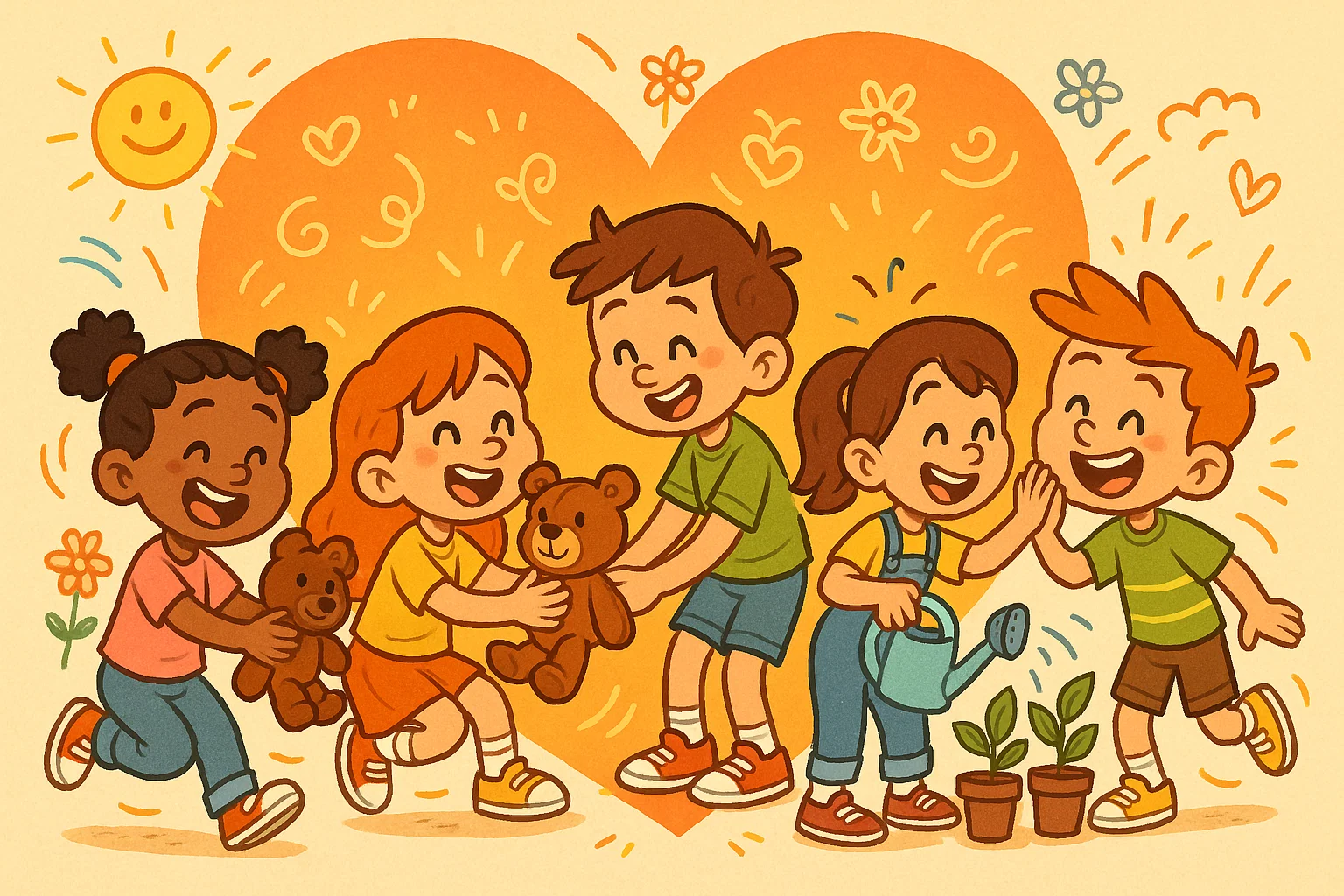 Kindness activities for kids in a playful cartoon scene with teamwork and happy actions.