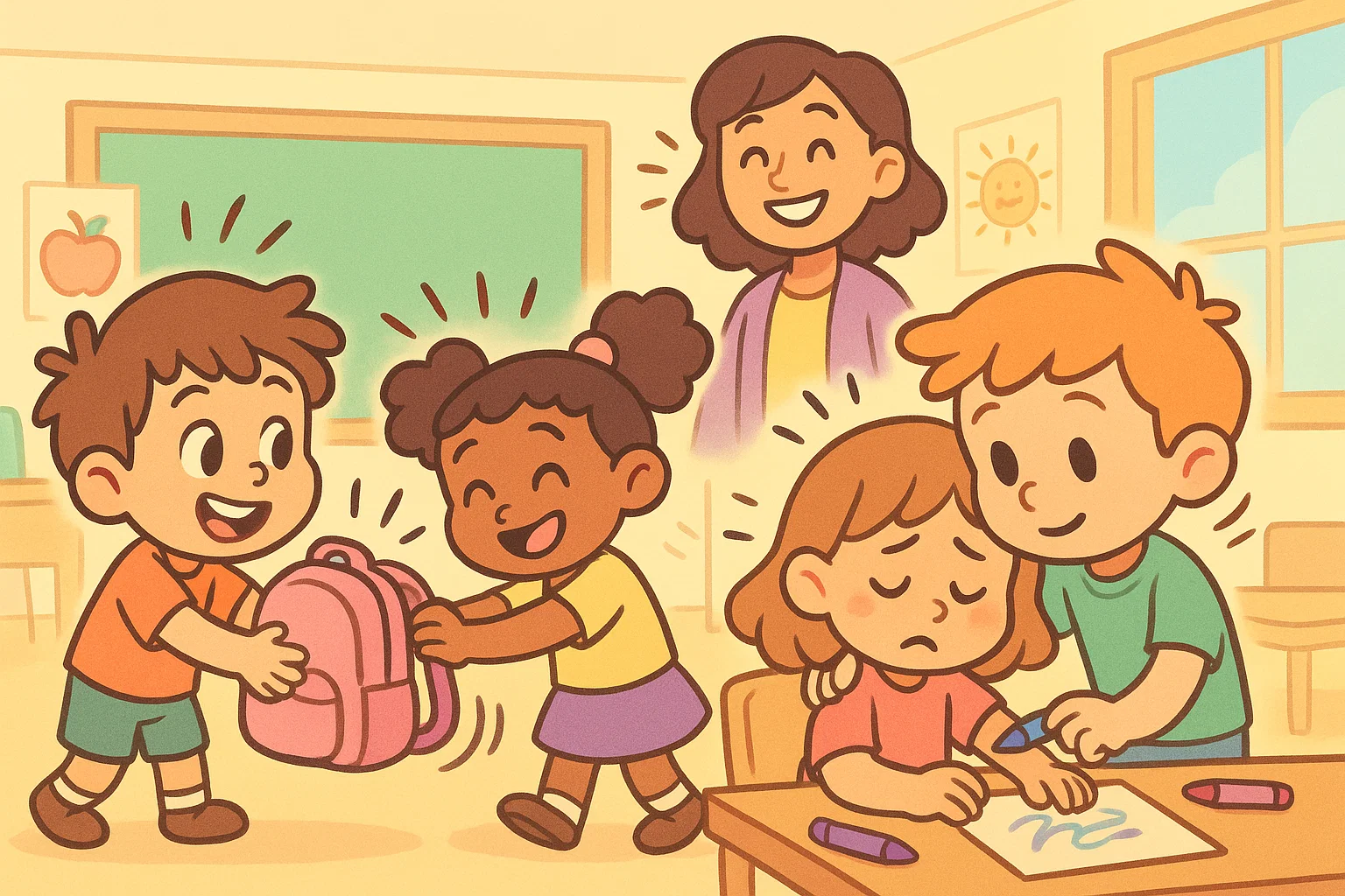 Kindness at nursery and school shown through cartoon classroom activities.