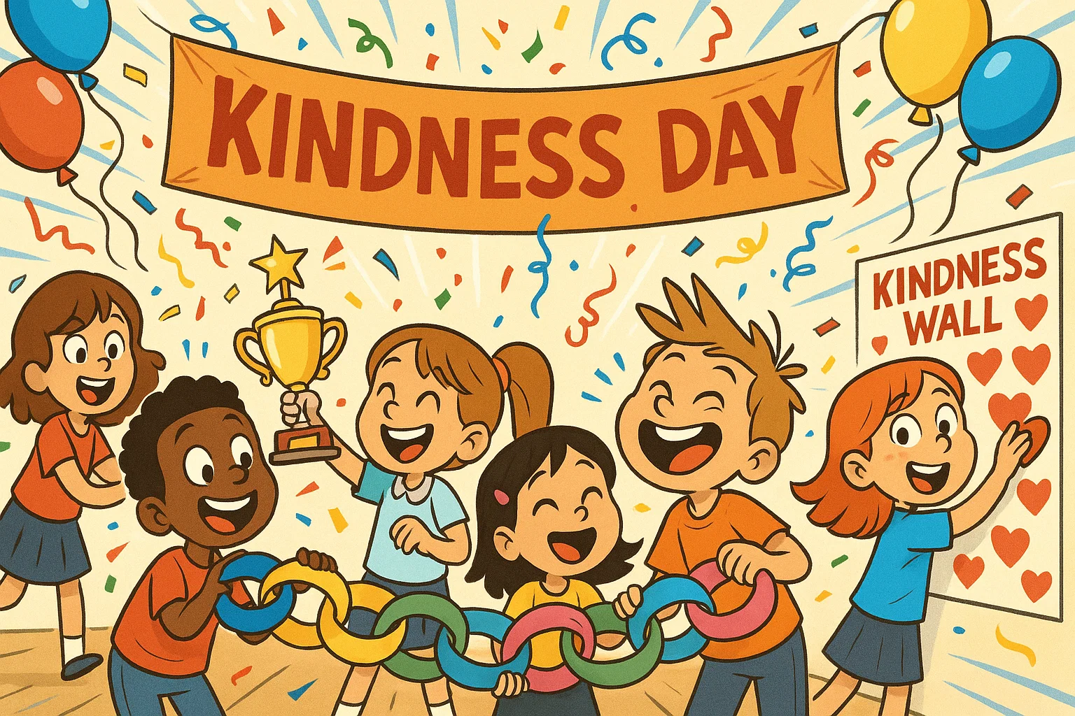 Kindness Day and special events shown through kids celebrating with creative activities.
