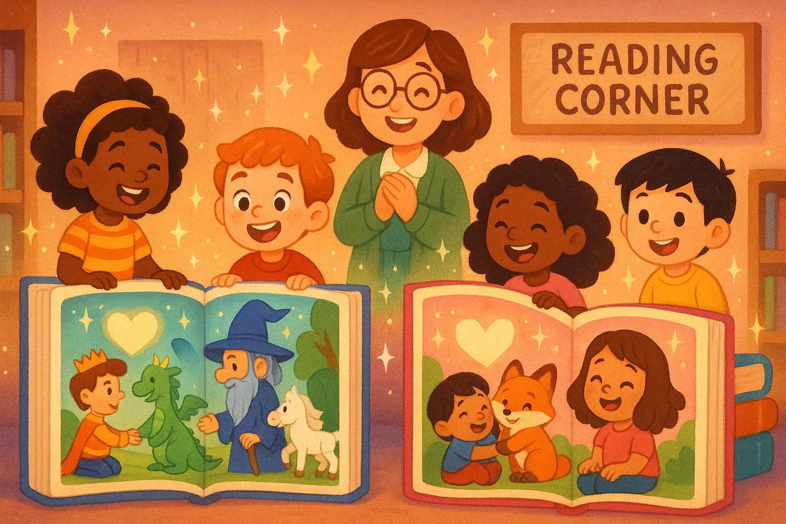 Kindness in stories and books shown with cartoon kids reading inspiring scenes.
