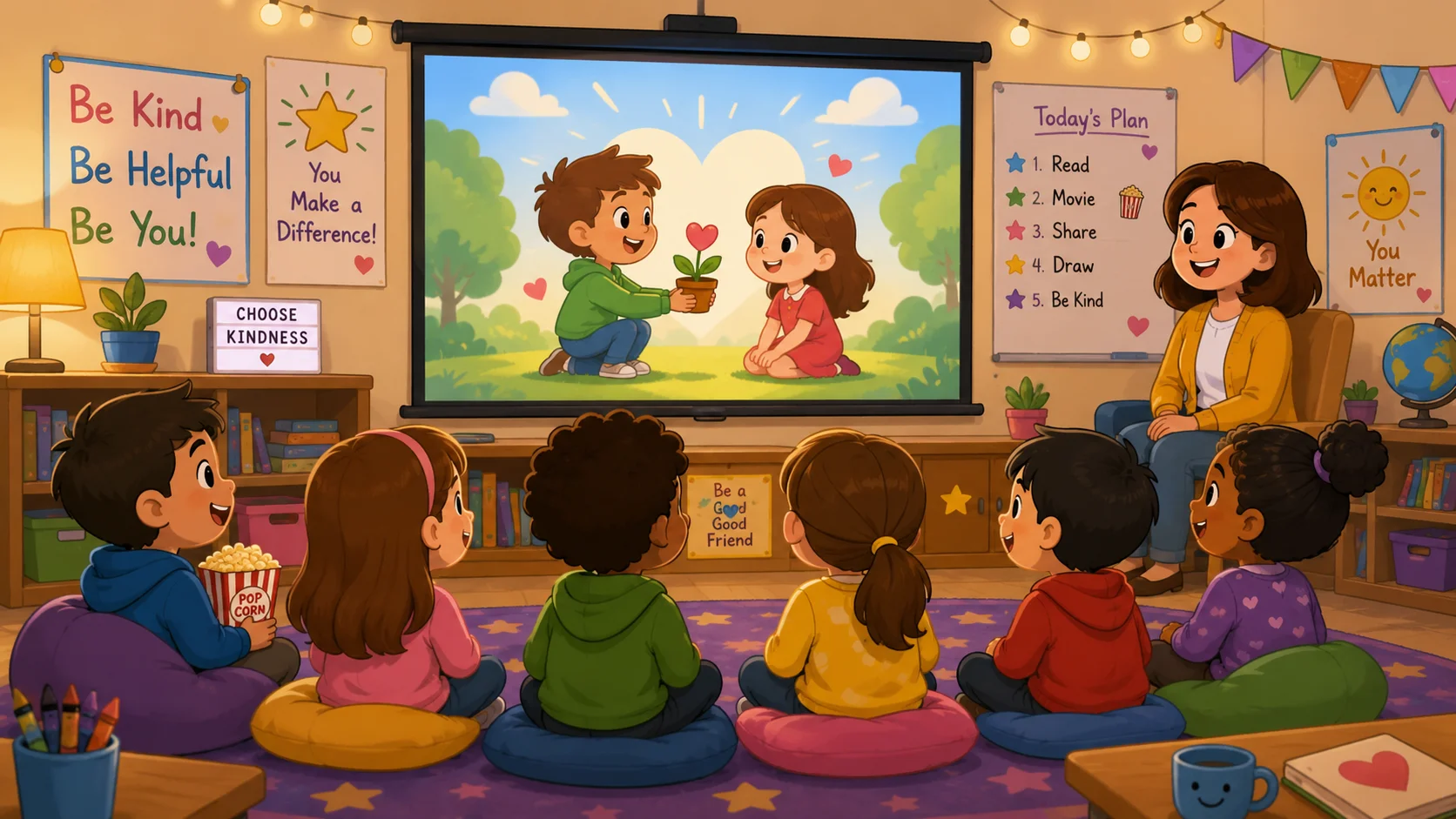 Kindness movie moment classroom with kids watching inspiring video. 
