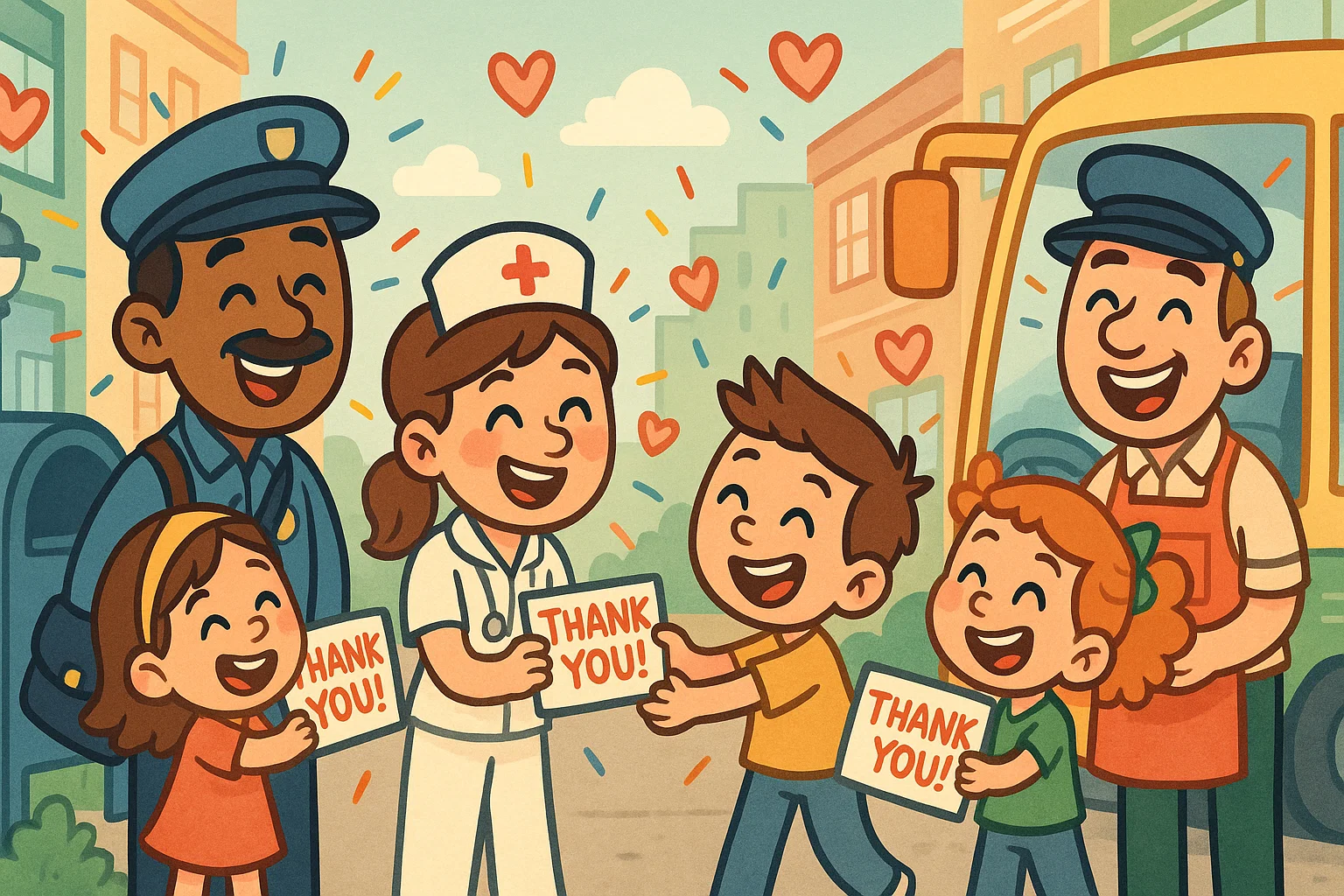 Kindness to workers and helpers shown by kids giving warm thank you gestures.
