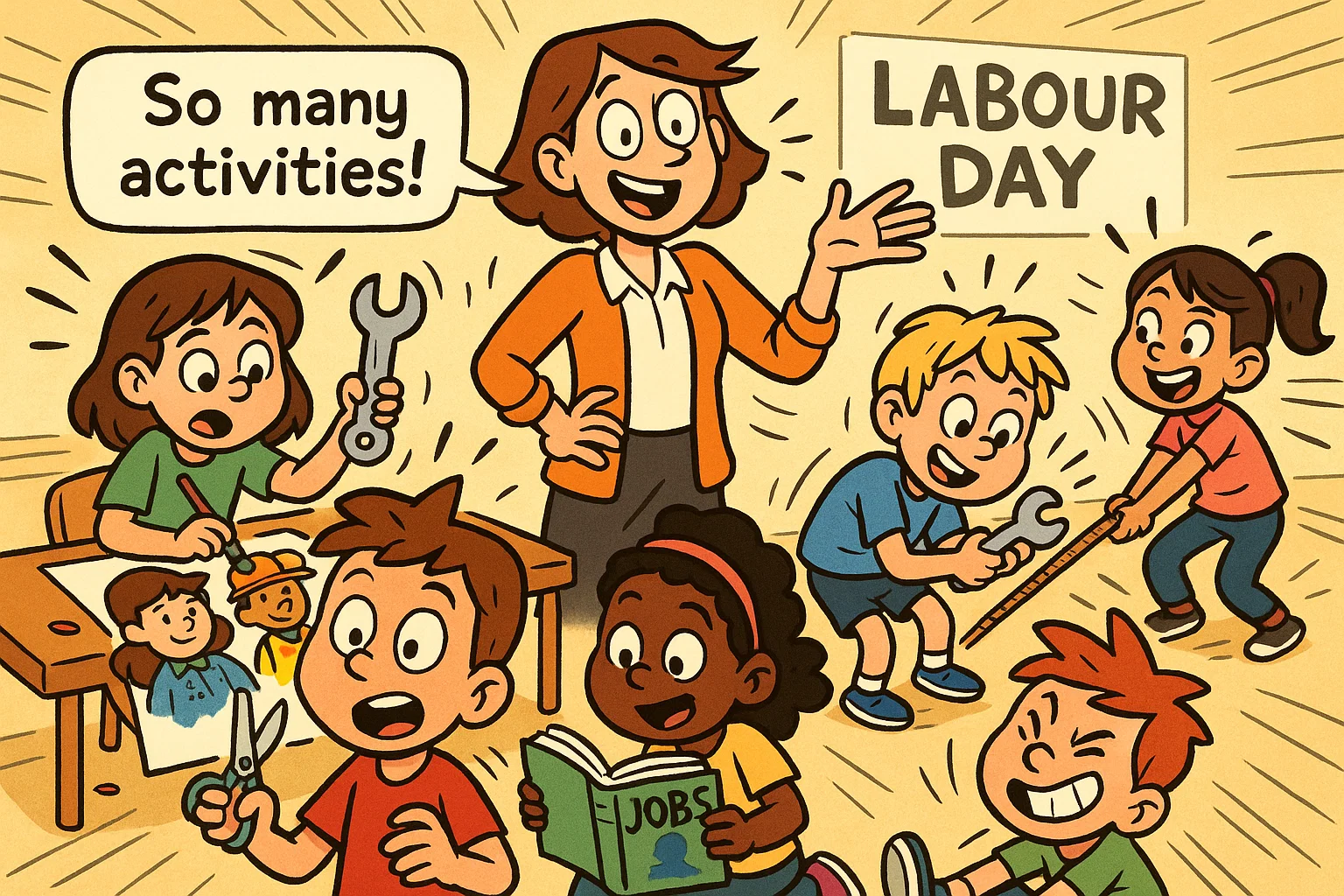 Labour day activity ideas for kids families classrooms shown in a fun cartoon scene.