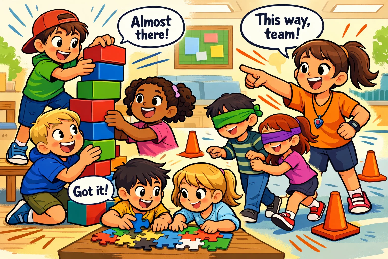 Leadership games for kids showing children guiding teams during activities.
