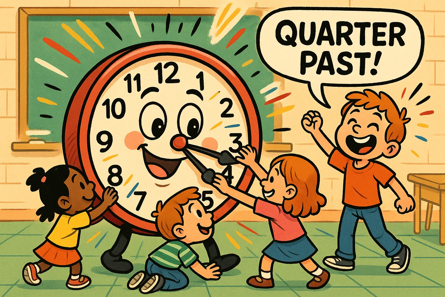 Learn to tell time activity with children learning using a big colorful clock.