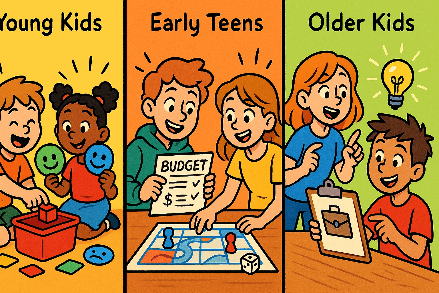 Life skills activities by age group shown in a playful cartoon layout.