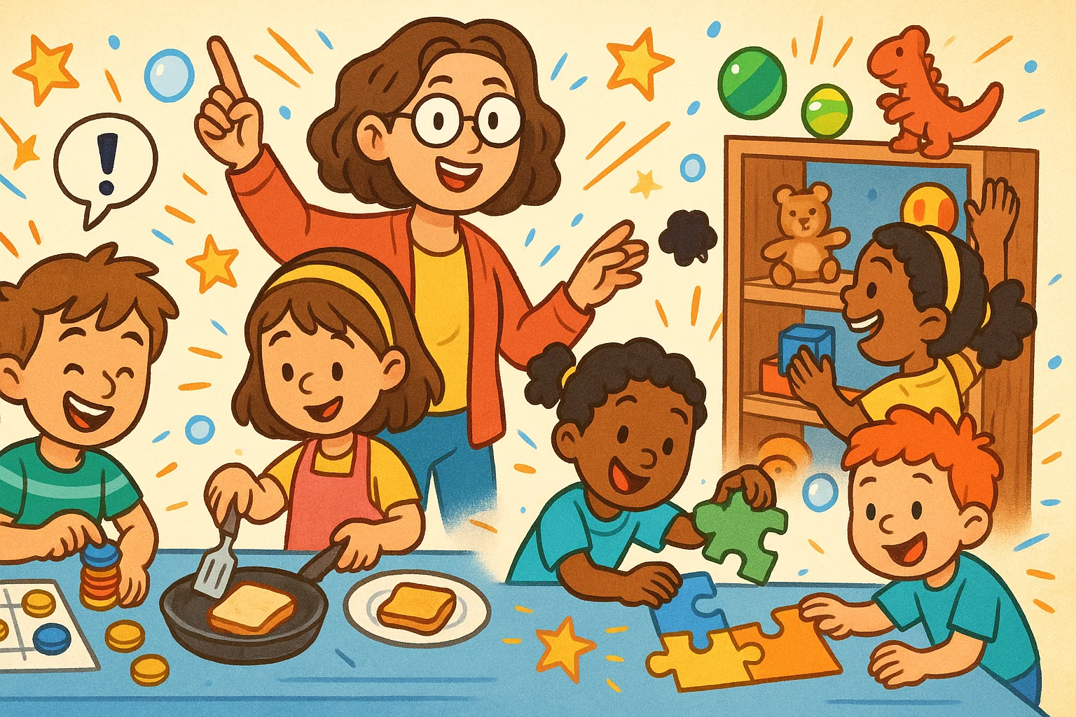 Fun life skills activities for kids in a playful cartoon classroom scene.