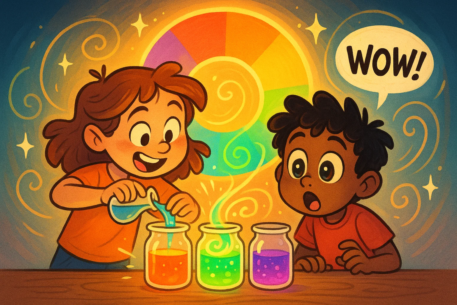 Kids doing magic color exploration with bright mixing jars and excited expressions.