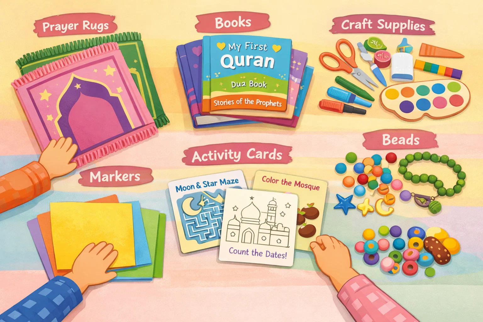 Materials and setup for Islamic activities with books crafts and learning tools.
