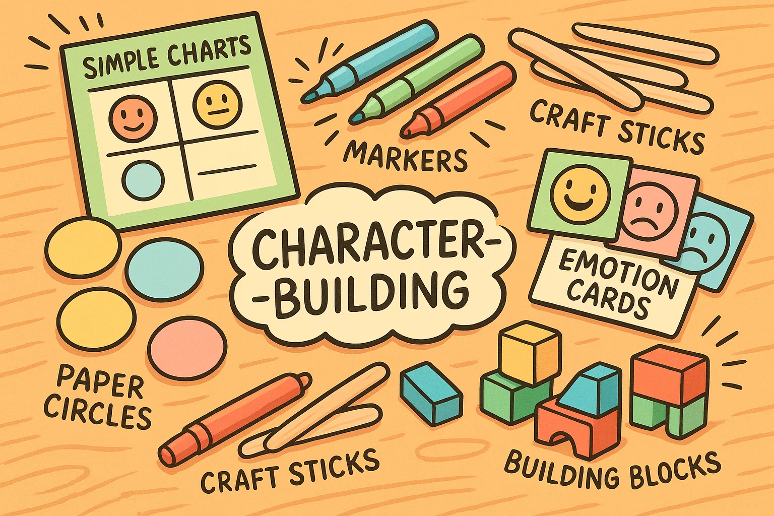 Materials needed for character activities shown as colorful supplies and emotion cards.