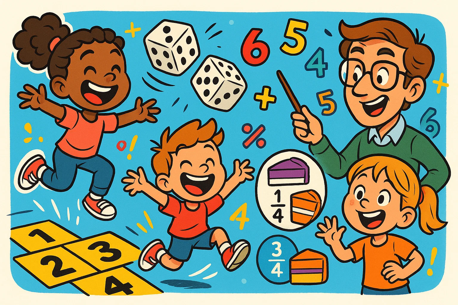 Math activities age 8 with cartoon kids solving numbers and playful tasks.