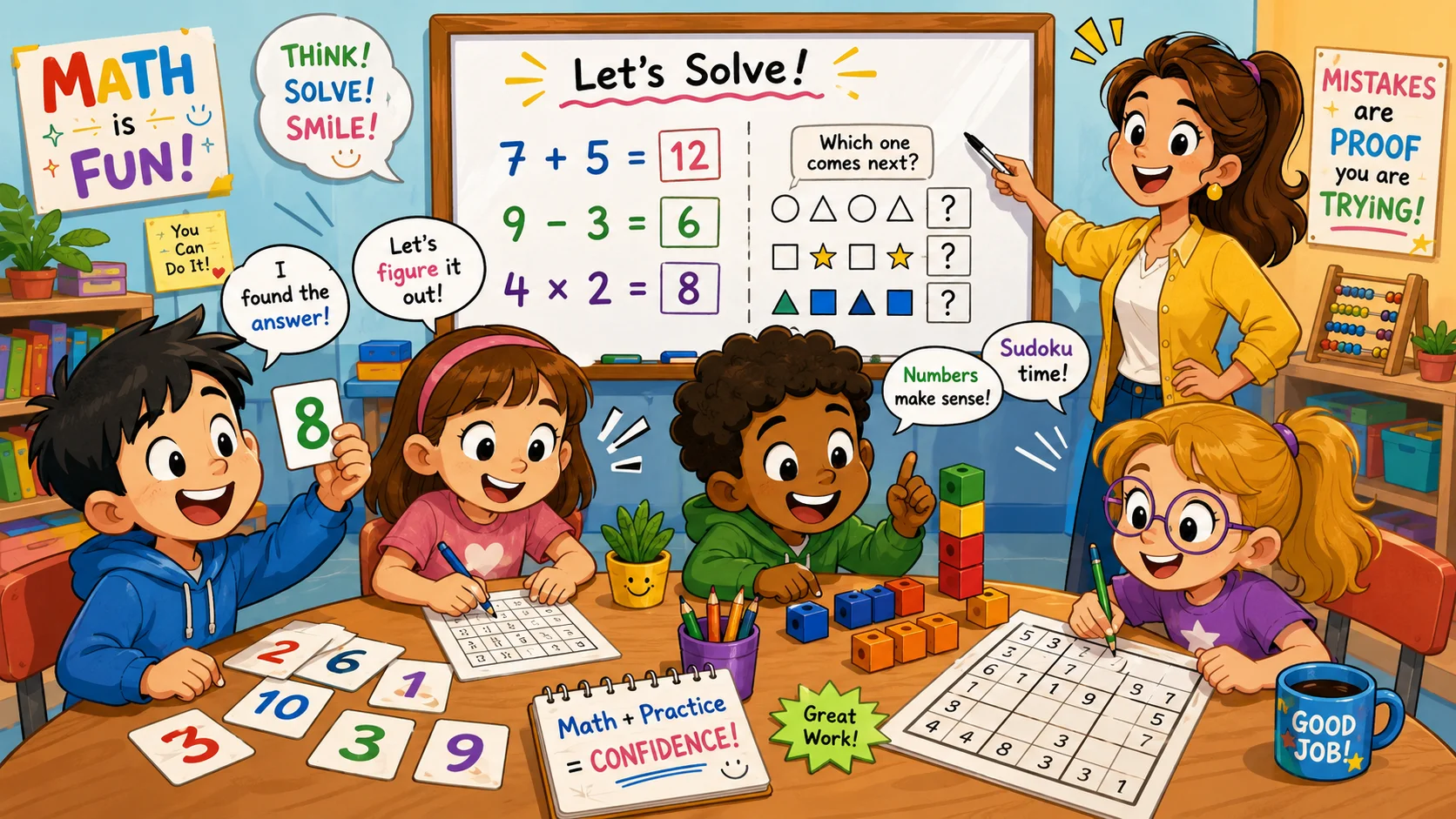 Maths activities and number puzzles for 9 year olds in a fun classroom.