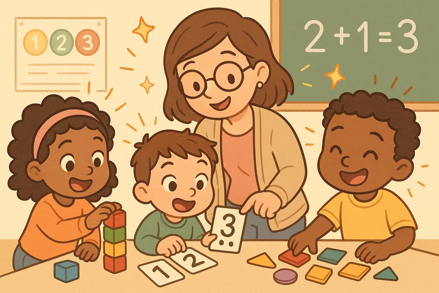 Cartoon of preschoolers enjoying maths activities with numbers blocks and shape cards.