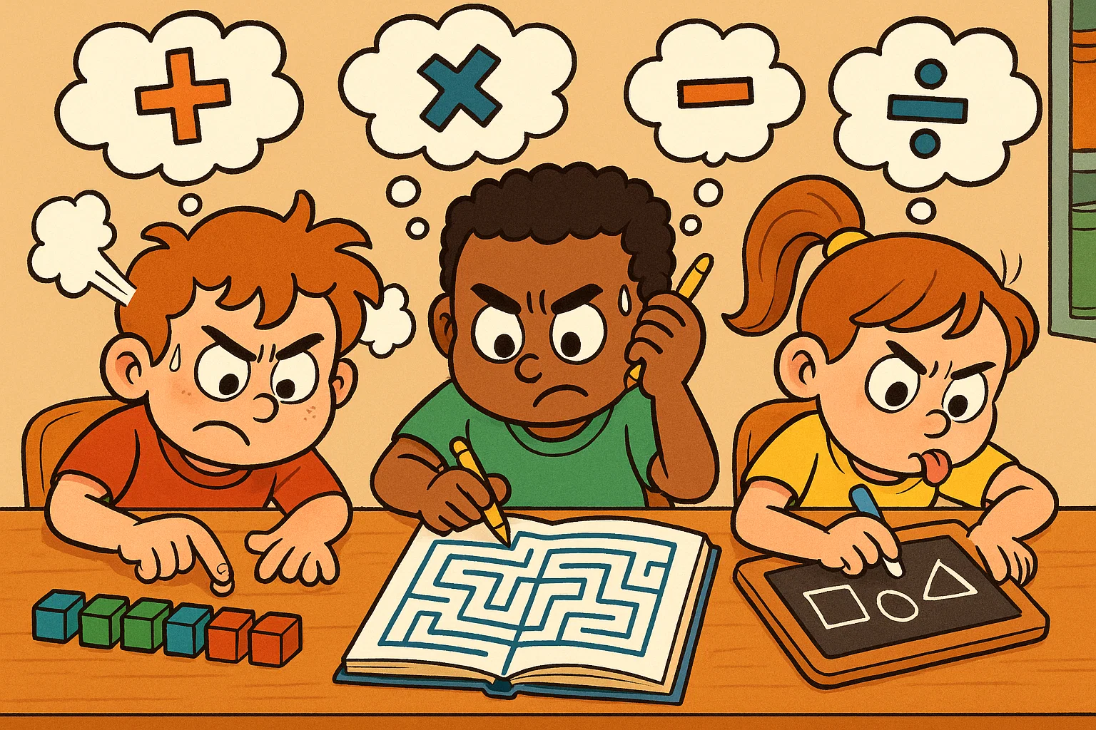 Cartoon of maths and logic activities for kids solving puzzles and math problems.