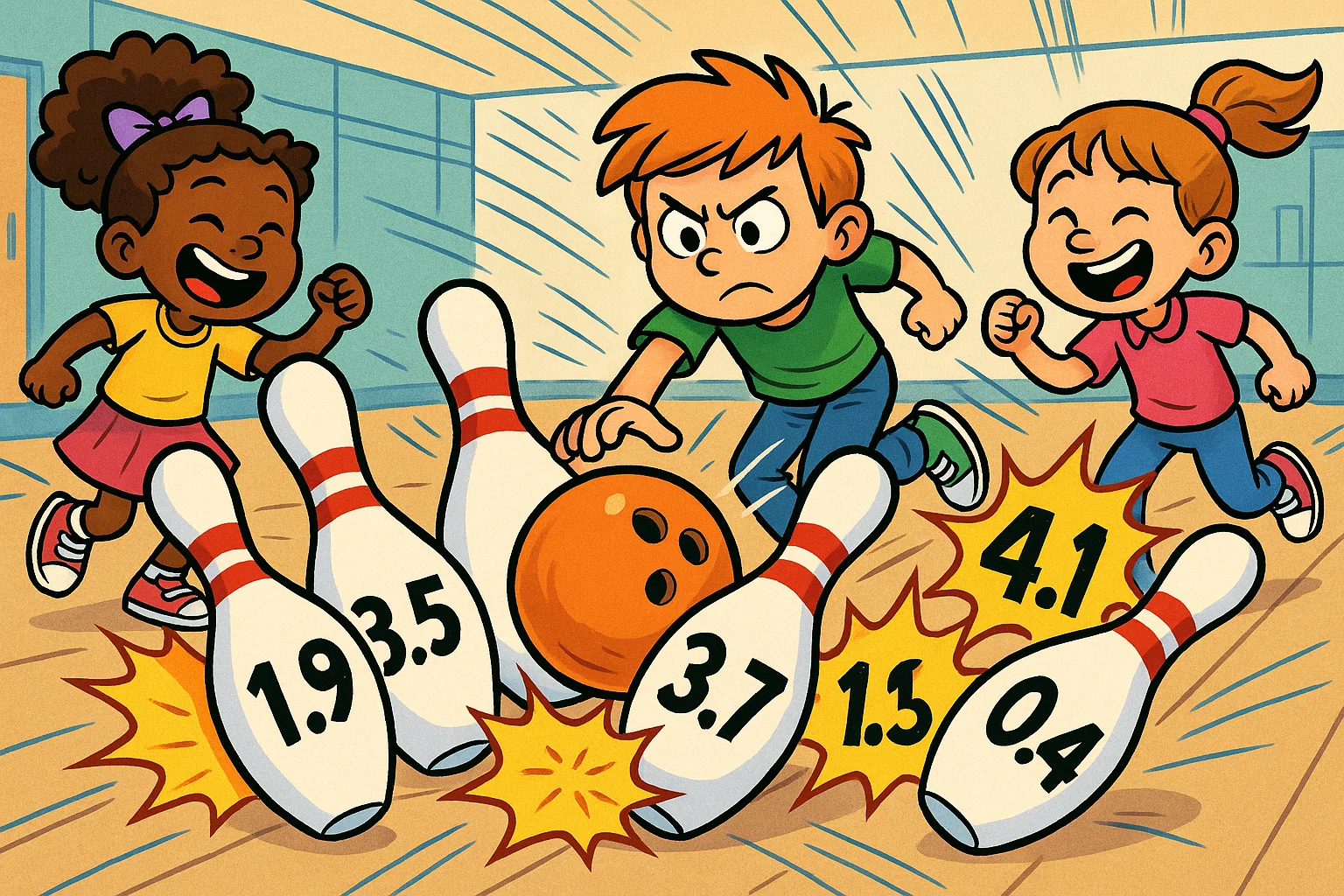 Maths game decimal skittles illustrated as kids bowling with numbered cartoon skittles.