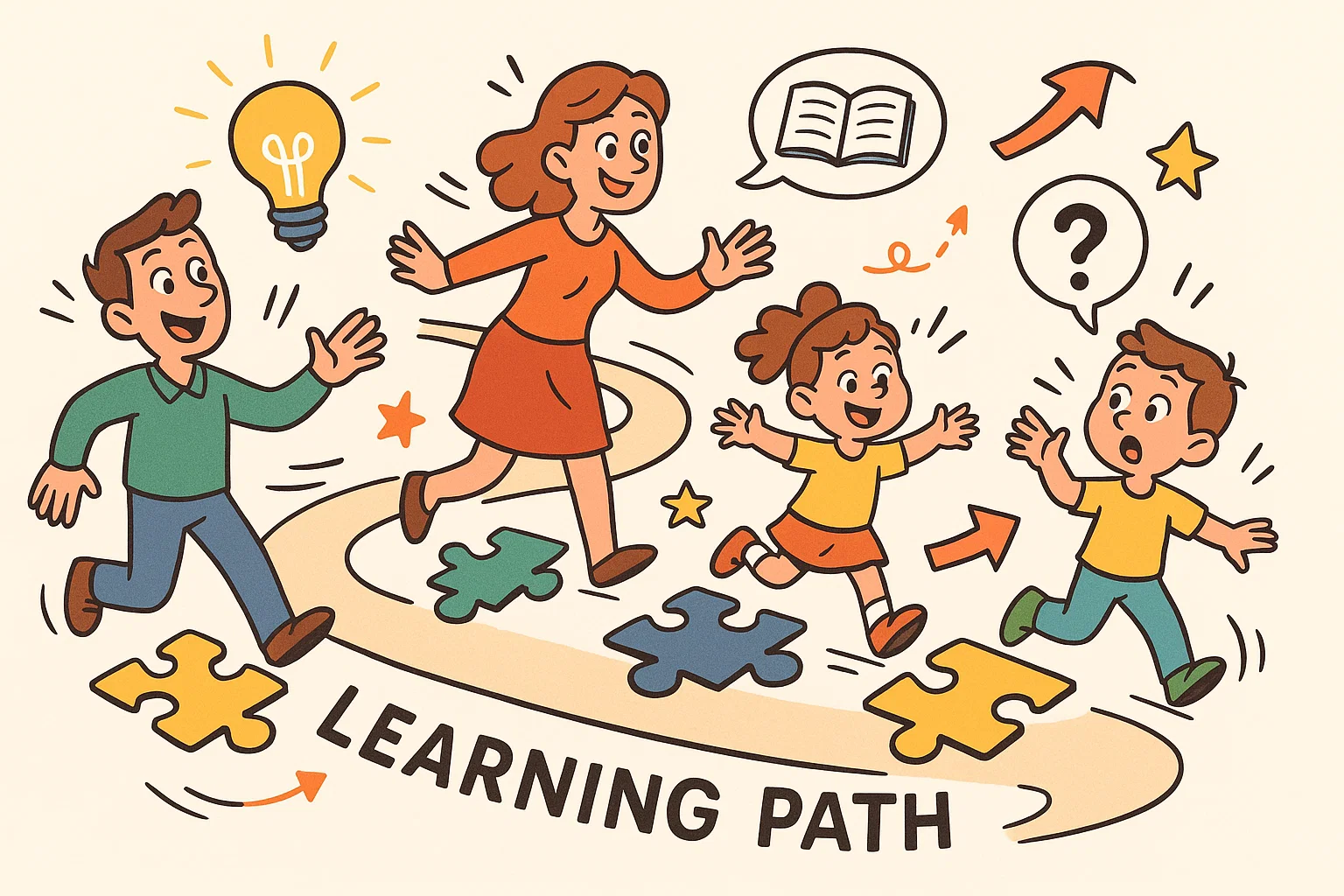 Meaning interactive learning journey family path cartoon showing playful exploration.
