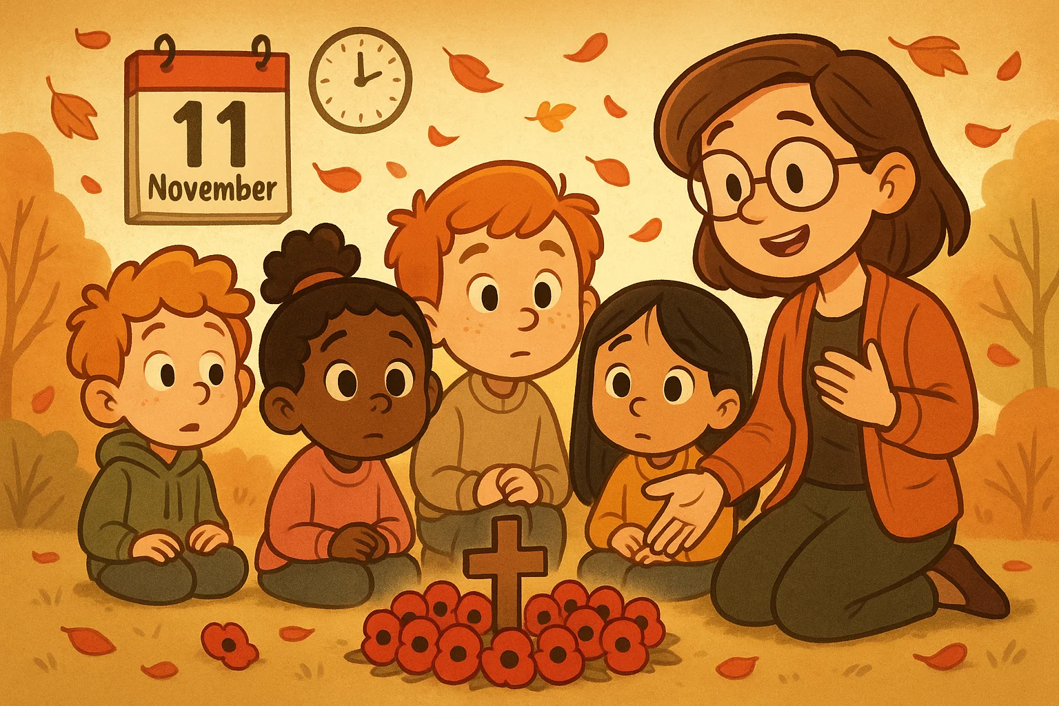  Kids exploring the meaning of Remembrance Day near a poppy memorial with a teacher.