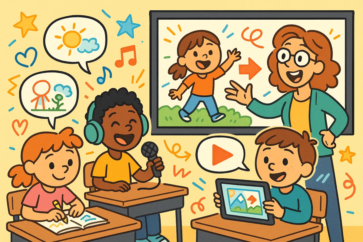 Children working on media rich assignments writing program with creative digital tasks.
