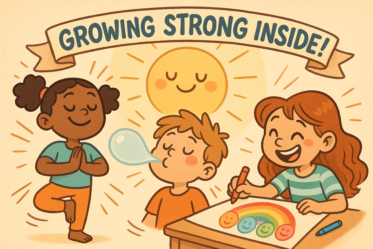 Kids doing mental health activities in a playful cartoon supporting growth and emotional wellness.