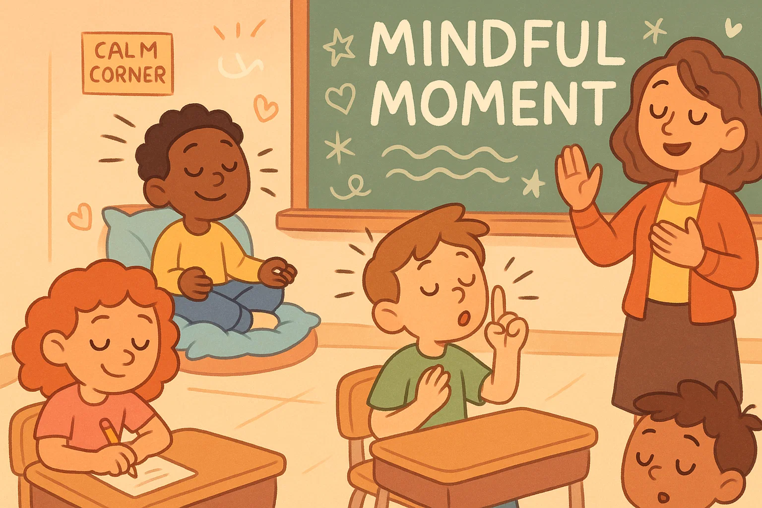 Cartoon classroom with kids doing mental health activities in school for calm and focus.